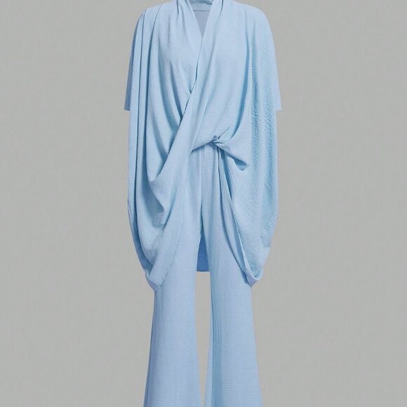 Blue Elegant Women's Loose Comfortable Texture Style Women Top And Pants Set - Picture 4 of 4